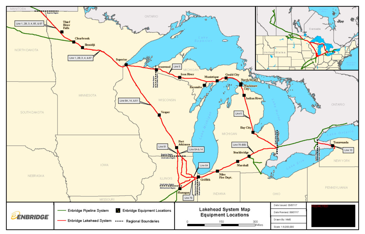 A map of the Great Lakes region shows a network of Enbridge pipelines: Line 5 cuts east and then south around Lake Michigan, Line 61 runs south from Superior into Illinois before connecting with smaller lines that cross Indiana and Michigan and ultimately reach Sarnia, Ontario.